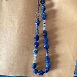 33” sterling blue lapis nuggets w/white pearls & faux leather.